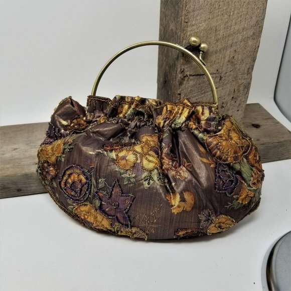 Handbags - Metalic Beaded Purse 2 Handles Floral